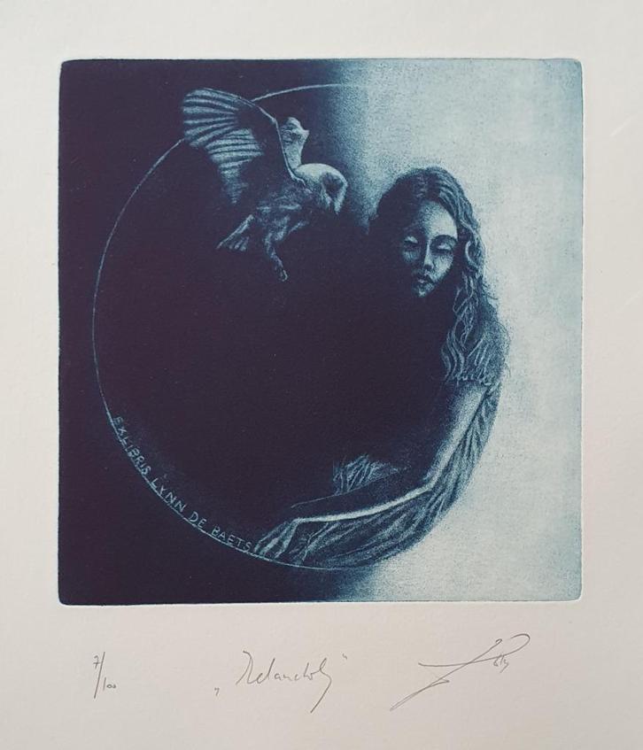Exlibris /  Ex libris Jan Cernos, Melancholy, vrouw, uil, Antiek en Kunst, Kunst | Etsen en Gravures, Verzenden
