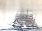 Willem Eerland - Driemaster op open water - Aquarel, Ingelij, Ophalen of Verzenden