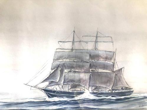 Willem Eerland - Driemaster op open water - Aquarel, Ingelij, Antiek en Kunst, Kunst | Schilderijen | Klassiek, Ophalen of Verzenden