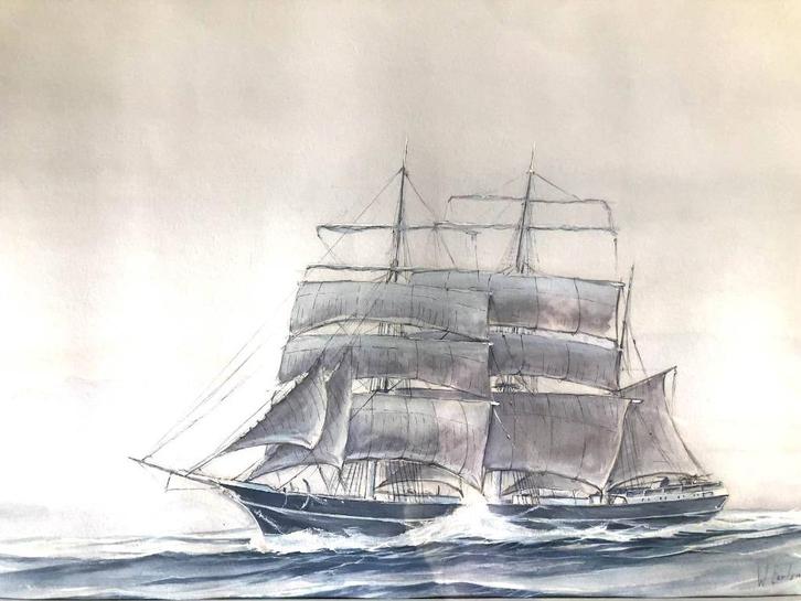 Willem Eerland - Driemaster op open water - Aquarel, Ingelij, Antiek en Kunst, Kunst | Schilderijen | Klassiek, Ophalen of Verzenden