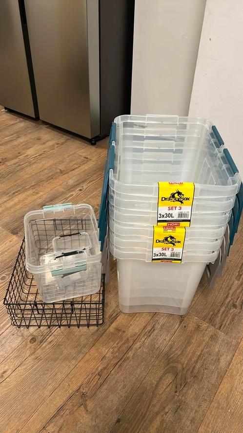 6x30l action bakken + mand en 3 bakjes, Doe-het-zelf en Verbouw, Kratten en Dozen, Zo goed als nieuw, Bak of Kist, Minder dan 35 cm