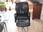 Vintage / Fauteuil + ottoman 80er jaren /dik rundleer/ Retro, Huis en Inrichting, Fauteuils, Ophalen, Gebruikt, Leer