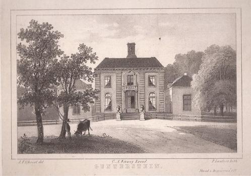 Breukelen Gunterstein Litho door P. Lauters naar J.F. Christ, Antiek en Kunst, Kunst | Etsen en Gravures, Ophalen of Verzenden