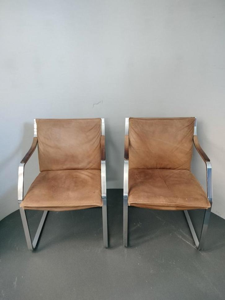 Walter Knoll Rudolf B Glatzel 2 cognac fauteuils vintage, Huis en Inrichting, Stoelen, Gebruikt, Twee, Leer, Metaal, Bruin, Ophalen of Verzenden