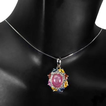 Zilveren ketting + hanger met Robijn, Saffier, Topaas beschikbaar voor biedingen