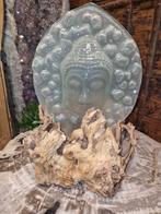 Boeddha hoofd van glas op drijfhout - Uniek interieurstuk, Onbekend, Nieuw, Ophalen of Verzenden, Onbekend