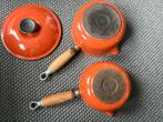 Le Creuset steelpannetjes terra kleurig emaille, Verzenden, Zo goed als nieuw, Gietijzer