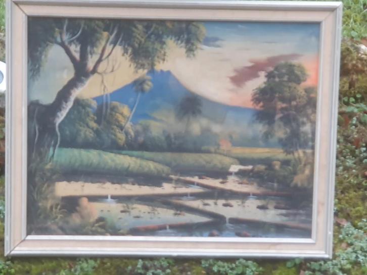 Schilderij Indonesië Java vulkaan sawa's gesigneerd, Antiek en Kunst, Kunst | Schilderijen | Klassiek, Ophalen