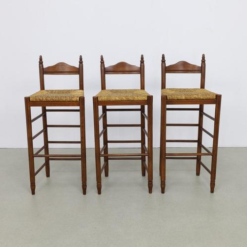 3x Vintage Barkruk Bulthaup, 1970s, Huis en Inrichting, Barkrukken, Gebruikt, Hout, Riet, 3 krukken, Ophalen
