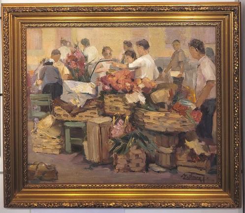 Joseph TILLEUX, markt in Menton, Antiek en Kunst, Kunst | Schilderijen | Klassiek, Ophalen of Verzenden