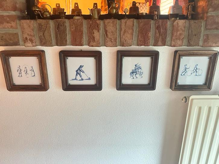 Delfts Blauwe Tegeltjes in Lijst (4 stuks), Antiek en Kunst, Antiek | Wandborden en Tegels, Ophalen