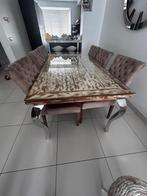 Houten eetkamertafel met glas met 6 stoelen, Ophalen, Gebruikt