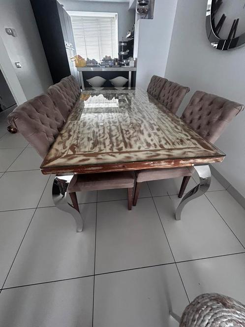 Houten eetkamertafel met glas met 6 stoelen, Huis en Inrichting, Complete eetkamers, Gebruikt, Ophalen