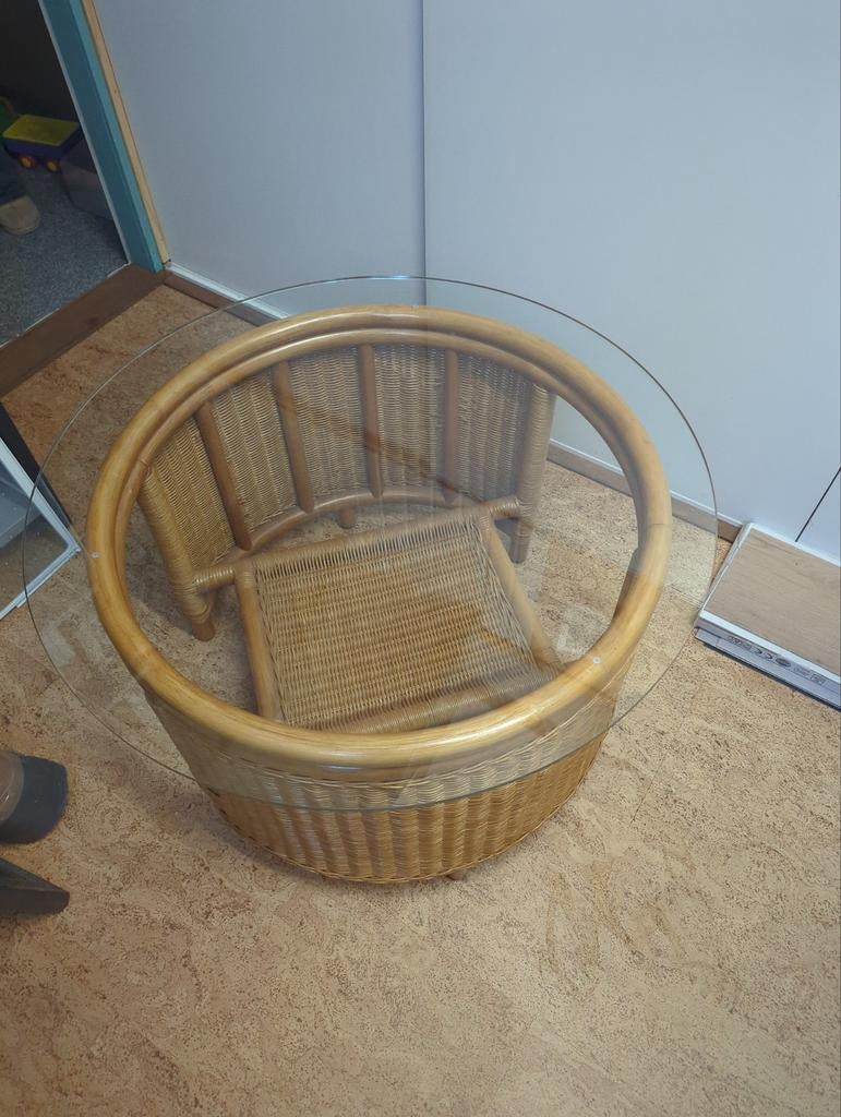 Ronde salontafel riet met glasplaat, Ophalen, 50 tot 100 cm, Rond, 50 tot 100 cm