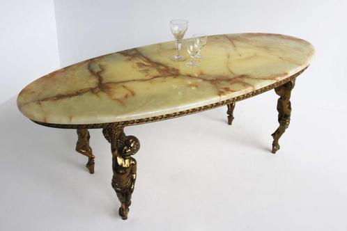 Vintage Messing Salontafel Met Ovaal Onyx Blad, Huis en Inrichting, Tafels | Salontafels, Gebruikt, Minder dan 50 cm, 50 tot 100 cm