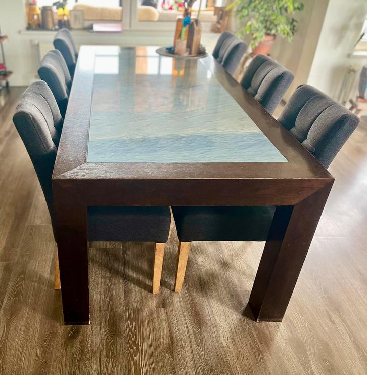 Eetkamertafel Amerikaans noten en Azul Bahia., Huis en Inrichting, Tafels | Eettafels, Zo goed als nieuw, 50 tot 100 cm, 200 cm of meer