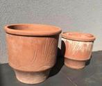Oud Hollandse Terracotta Bloempotten unieke Set Bladmotief, 25 tot 40 cm, Gebruikt, Rond, Ophalen of Verzenden