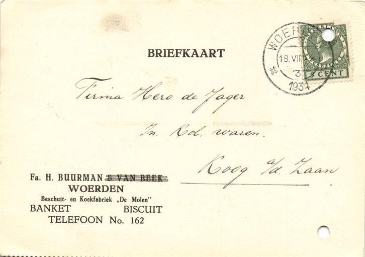 Fa. H. Buurman + van Beek, Woerden - 07.1934 - briefkaart, Postzegels en Munten, Brieven en Enveloppen | Nederland, Envelop, Ophalen of Verzenden