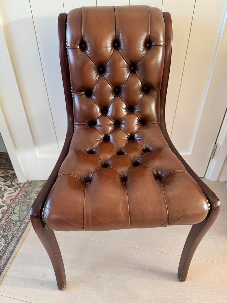 Chesterfield English chair, brown leather, Ophalen, Gebruikt, Bruin, Leer