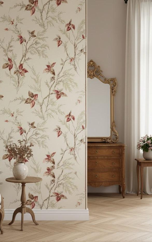 7162 zachtroze bladeren vintage behang jaren 50  swiet, Huis en Inrichting, Stoffering | Behang, Ophalen of Verzenden, 25 tot 50 m²