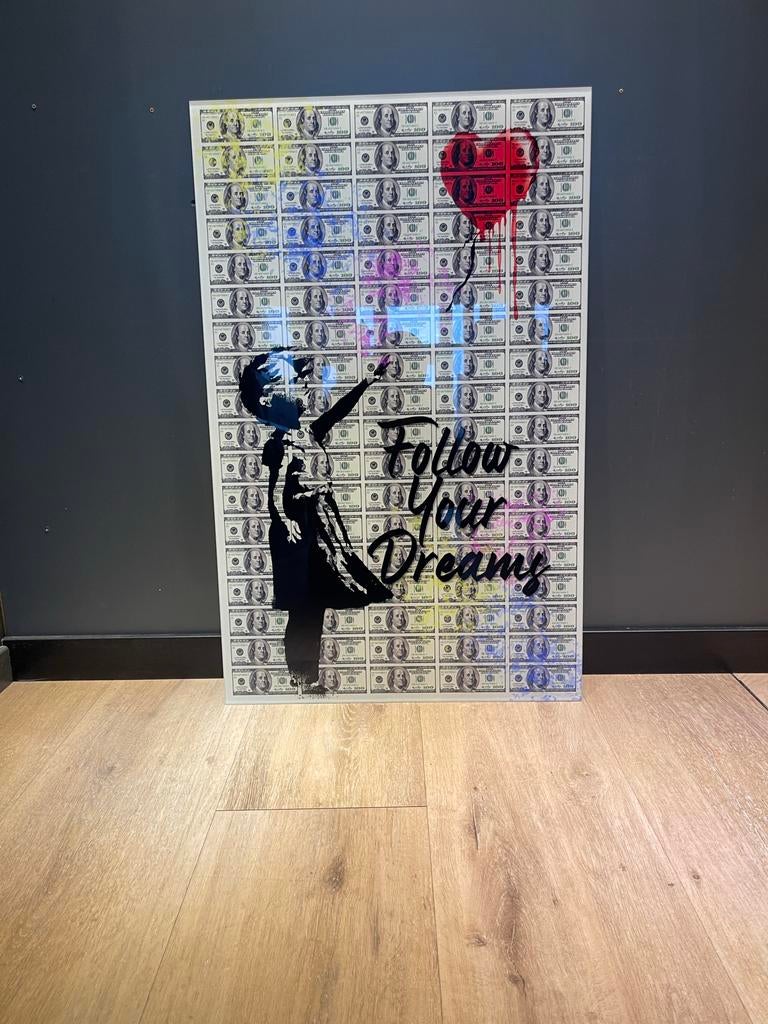 Banksy 'Follow Your Dreams' op plexiglas - 80x50cm, Ophalen of Verzenden
