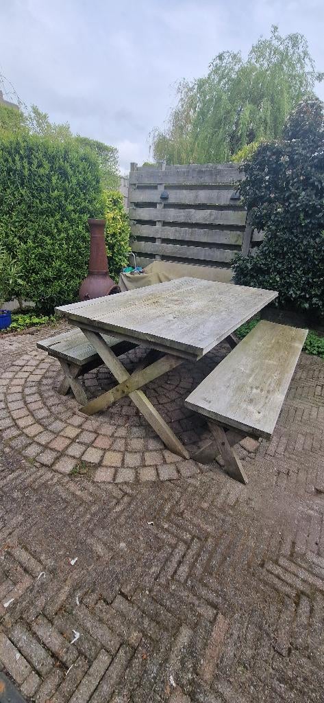 Teakhouten tuintafel + 2 banken, Tuin en Terras, Tuintafels, Ophalen, Gebruikt, Rechthoekig, Teakhout