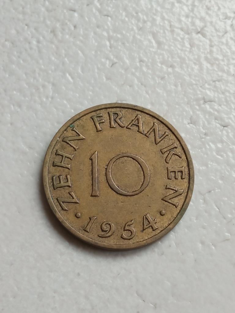 Saarland 10 frank 1954., Ophalen of Verzenden, Overige landen, Losse munt