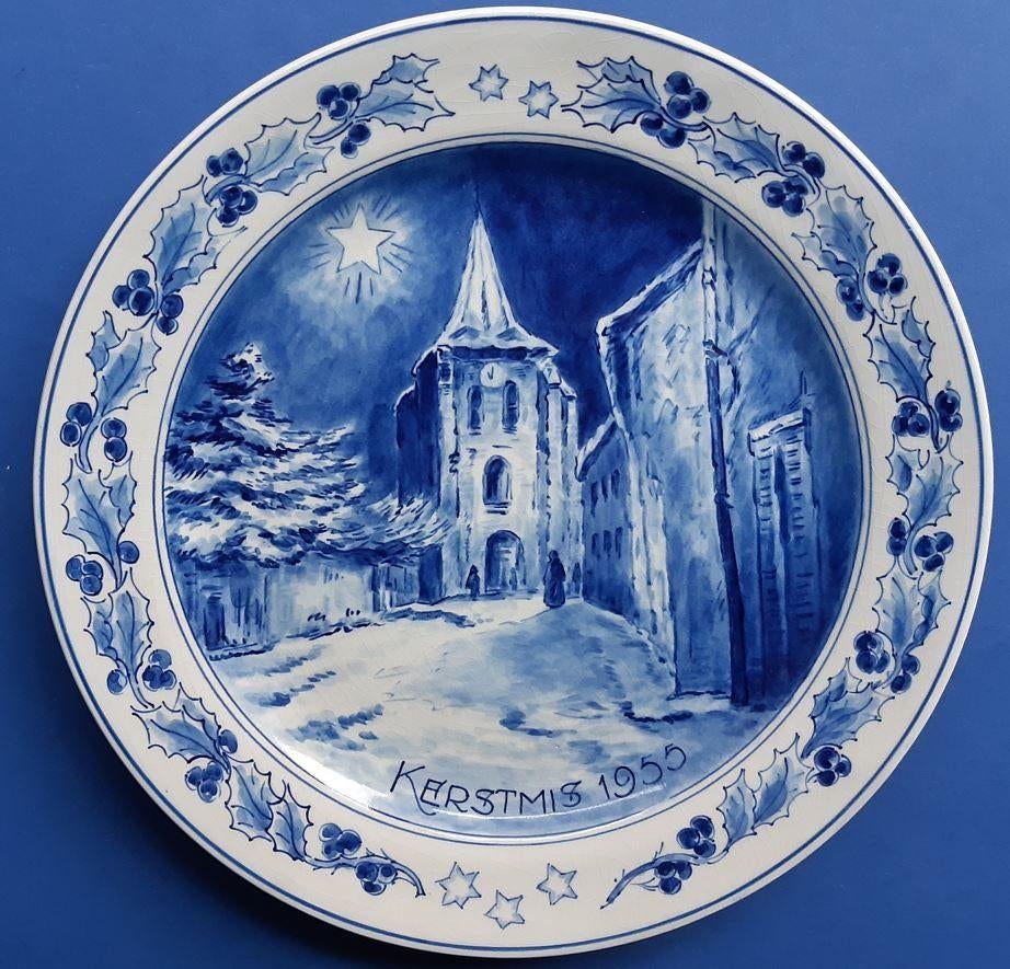 Kerstmis 1955 Porceleyne Fles 25cm besneeuwde stad nachtmis, Ophalen of Verzenden