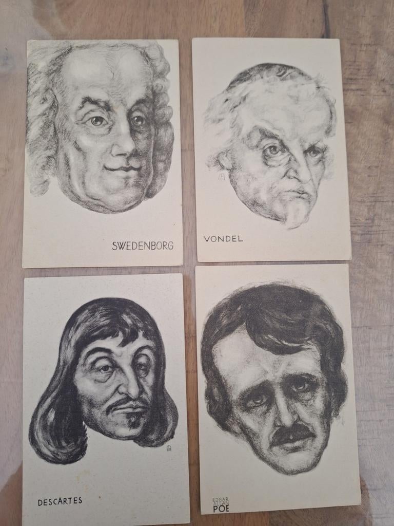 4 Oude Prenten: Swedenborg, Vondel, Descartes,, Verzamelen, Foto's en Prenten, Ophalen of Verzenden