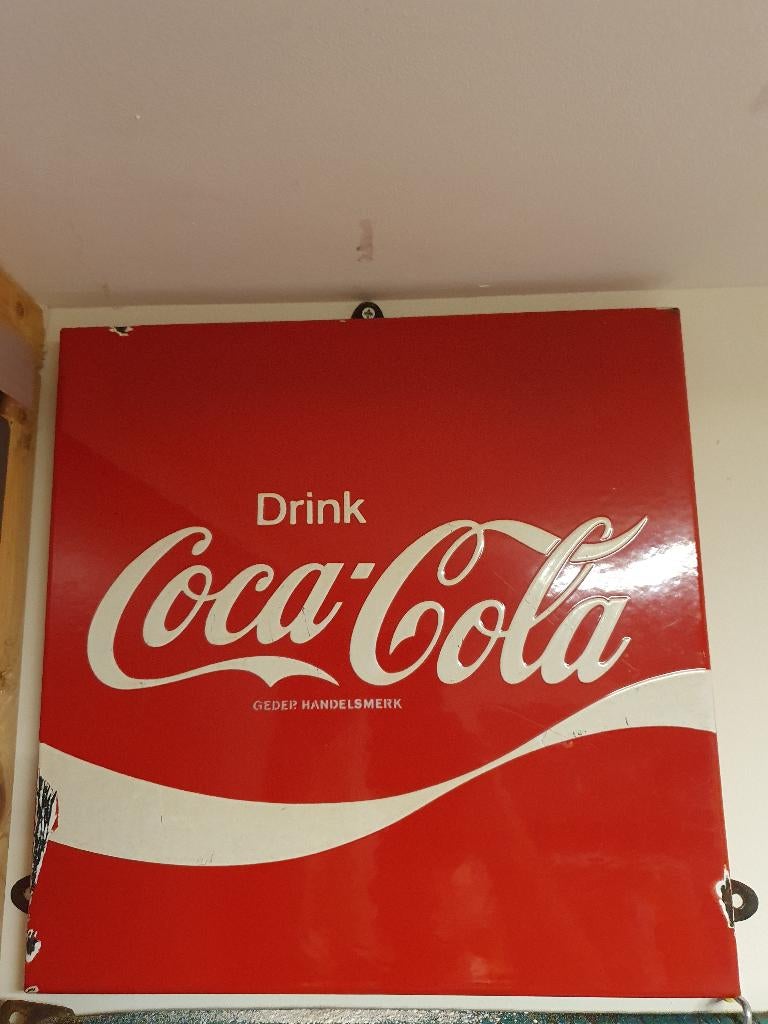 Emaille reclamebordje van coca cola, Verzamelen, Ophalen, Gebruikt, Reclamebord