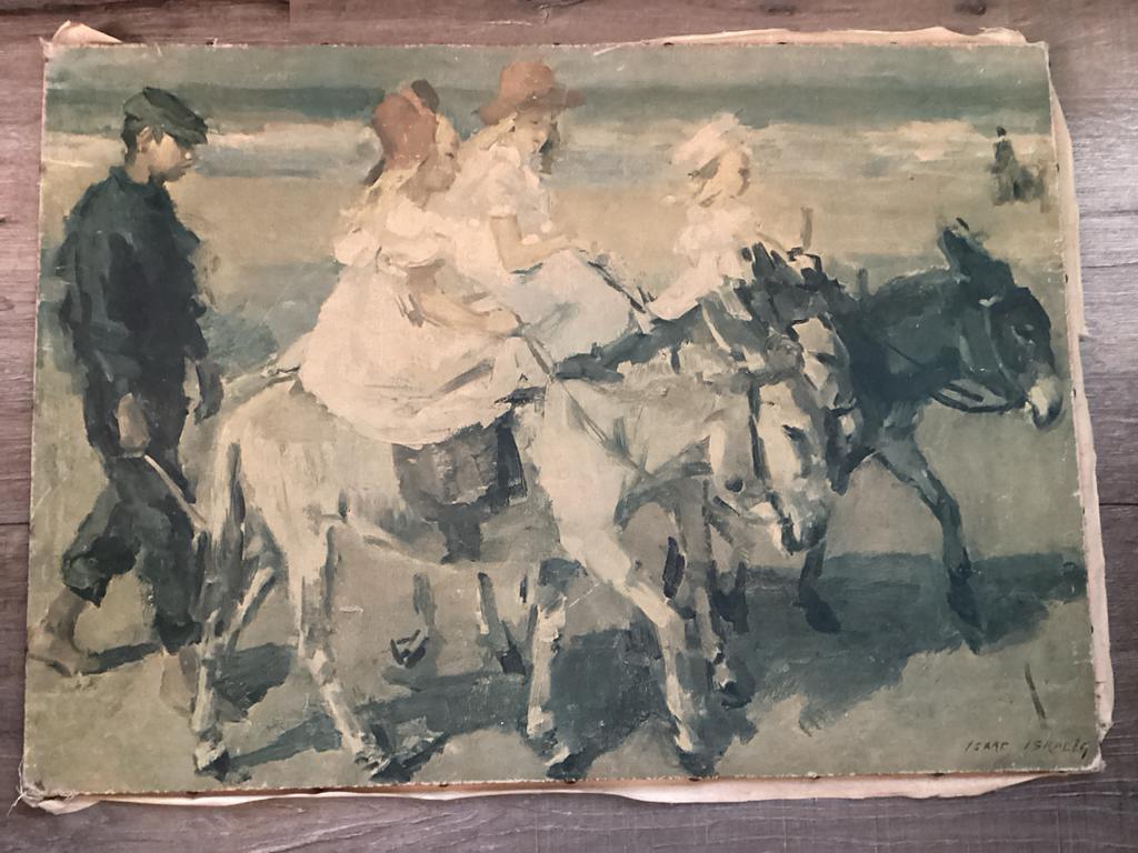 Vintage schilderij: Kinderen op ezels aan het strand, Ophalen of Verzenden