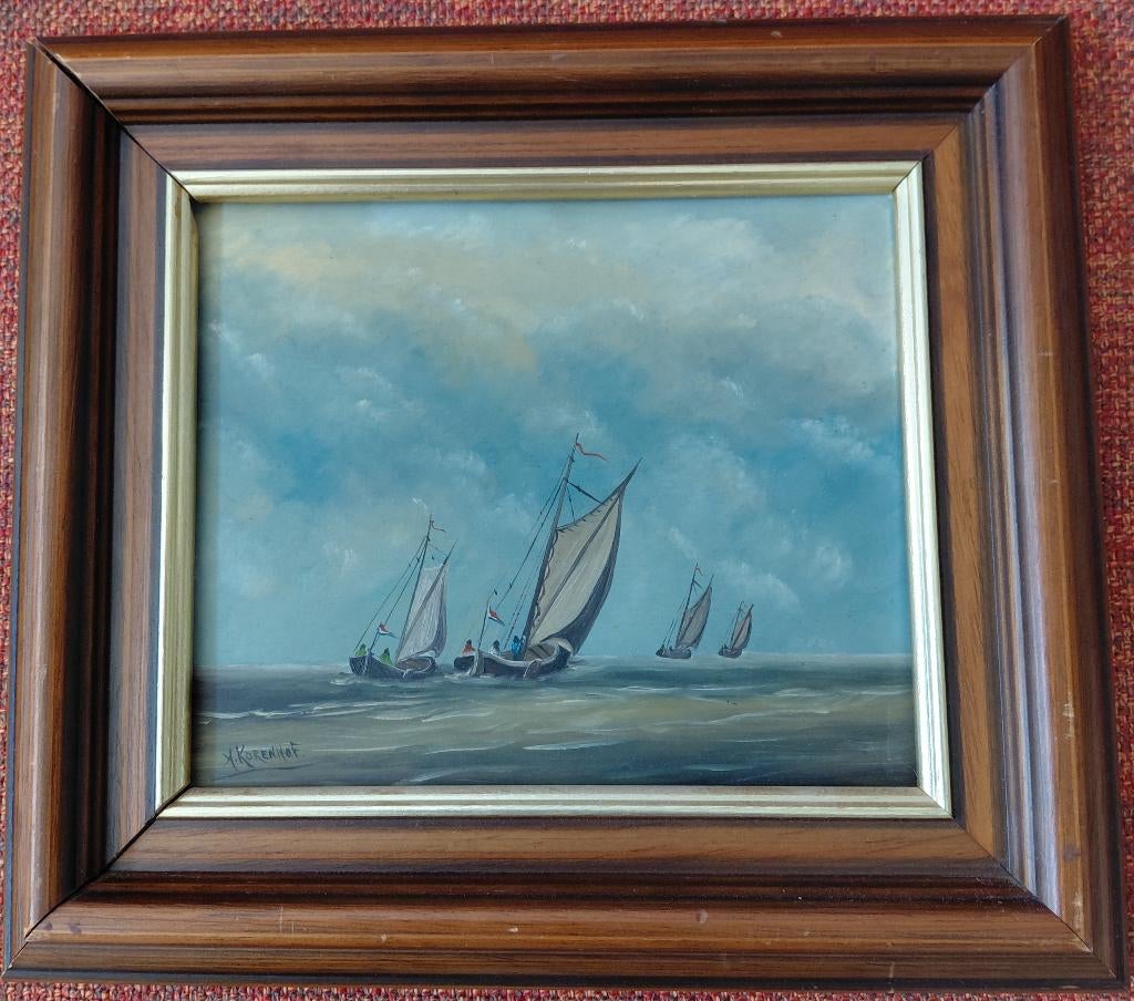 Schilderij Xeno Korenhof, zeezicht met 4 platbodems, Ophalen of Verzenden