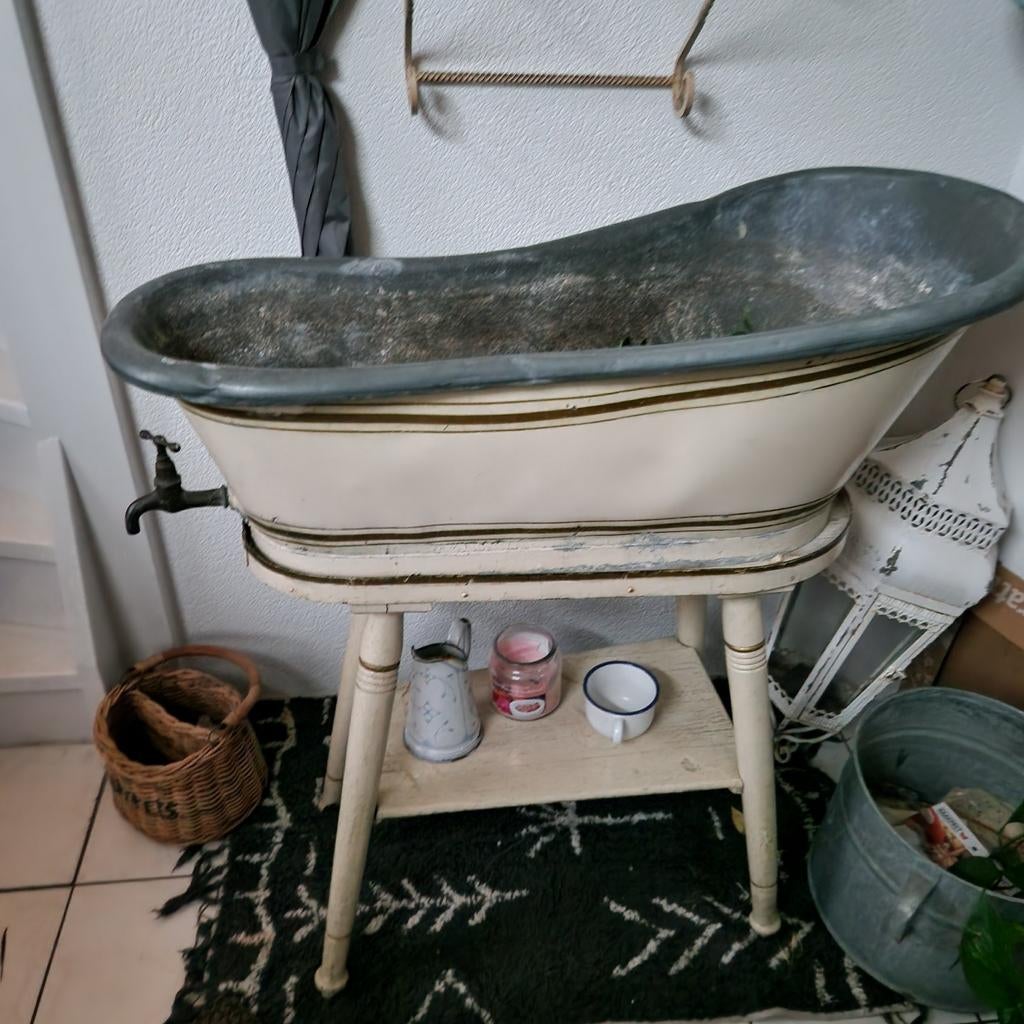 Antiek zinken kinderbad op onderstel - decoratief, Antiek en Kunst, Ophalen of Verzenden