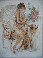 Borduurwerk "Dame met hond", Hobby en Vrije tijd, Borduren en Borduurmachines, Ophalen of Verzenden, Gebruikt, Handborduren, Onderdeel of Toebehoren