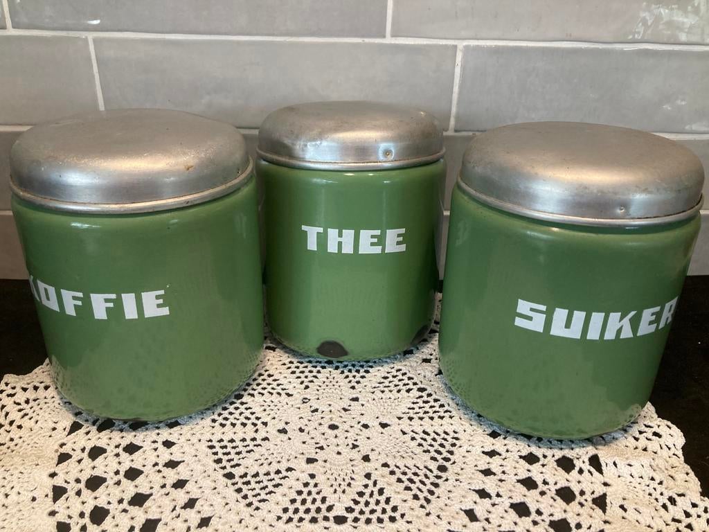 Vintage set emaille bussen, resedagroen (130426c), Ophalen of Verzenden