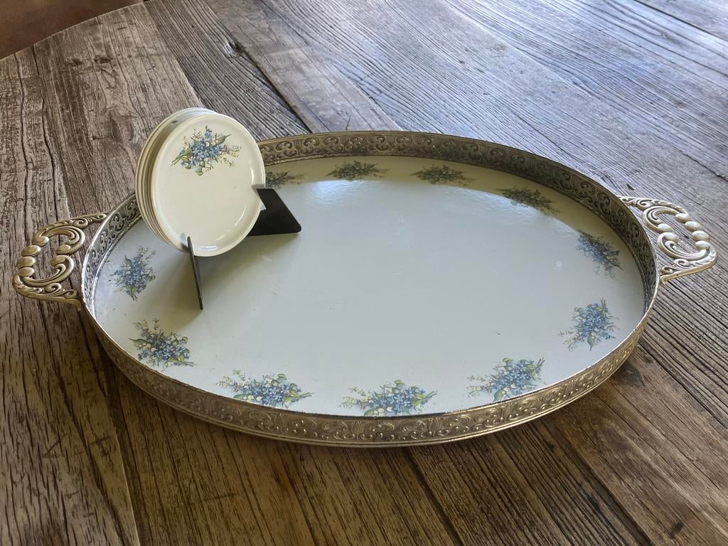 Verzilverd dienblad met onderzetters - Vintage set, Huis en Inrichting, Woonaccessoires | Dienbladen, Ophalen of Verzenden, Gebruikt
