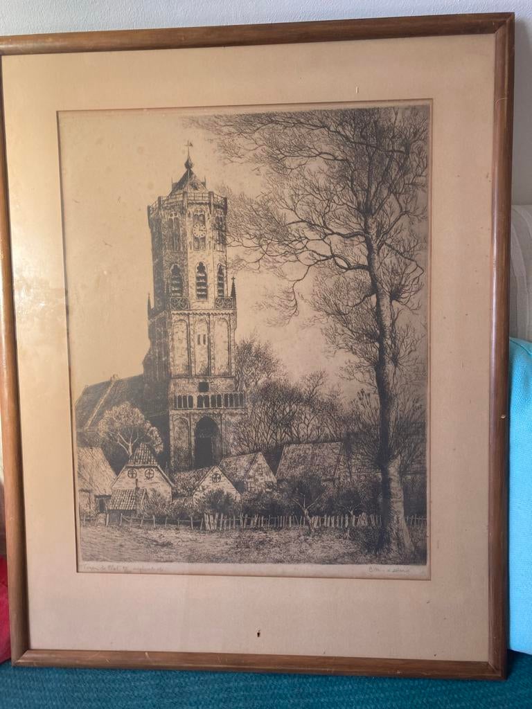 De toren van Elst - Originele ets van Cor van der Woerd, Antiek en Kunst, Kunst | Etsen en Gravures, Ophalen, Ets, Architectuur