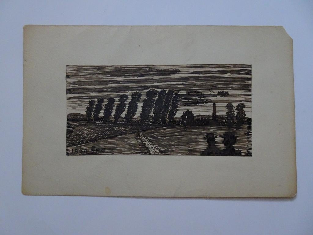 pentekening man vrouw kijkend ondergaande zon 1893, EC, Antiek en Kunst, Verzenden