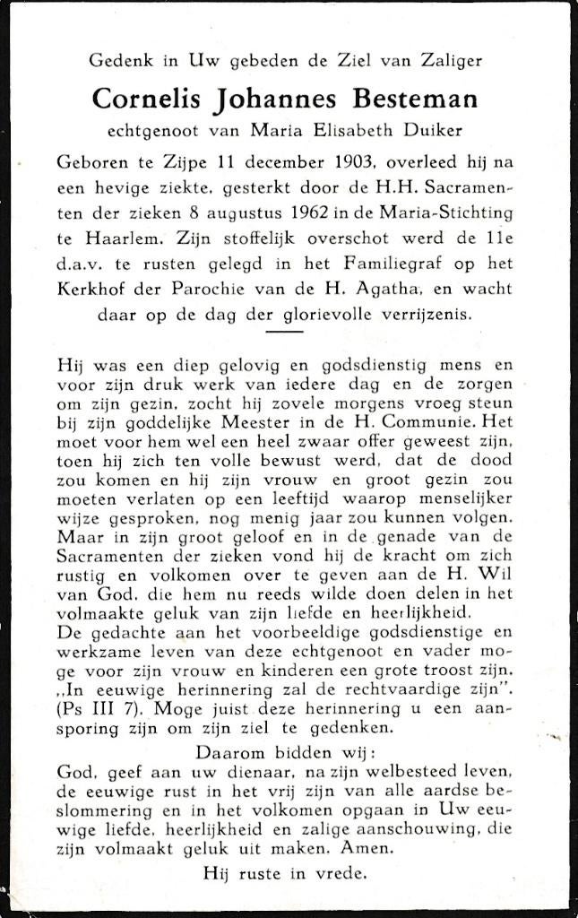 Besteman Cornelis 1903 Zijpe 1962 Haarlem, Verzamelen, Bidprentjes en Rouwkaarten, Ophalen of Verzenden, Bidprentje
