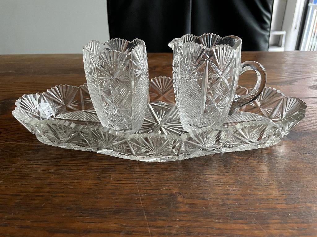 Antiek kristal roomstel met schaal, Antiek en Kunst, Antiek | Glas en Kristal, Verzenden