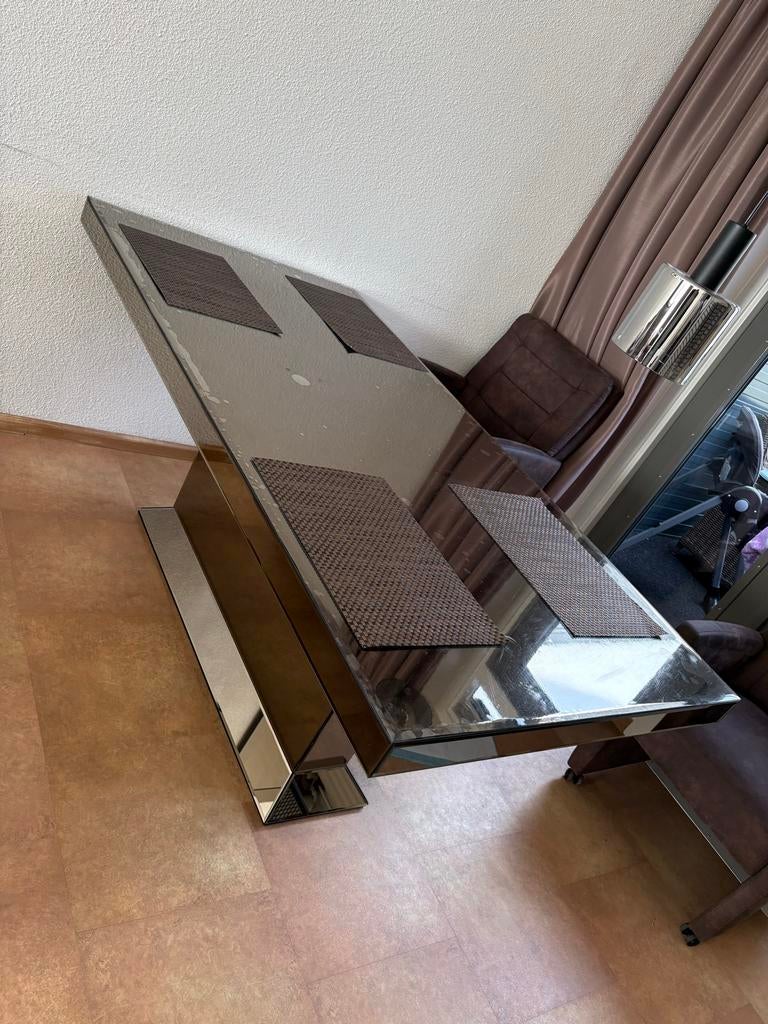 Spiegel eettafel in sepia kleur, Gebruikt, 100 tot 150 cm, Ophalen of Verzenden, Glas