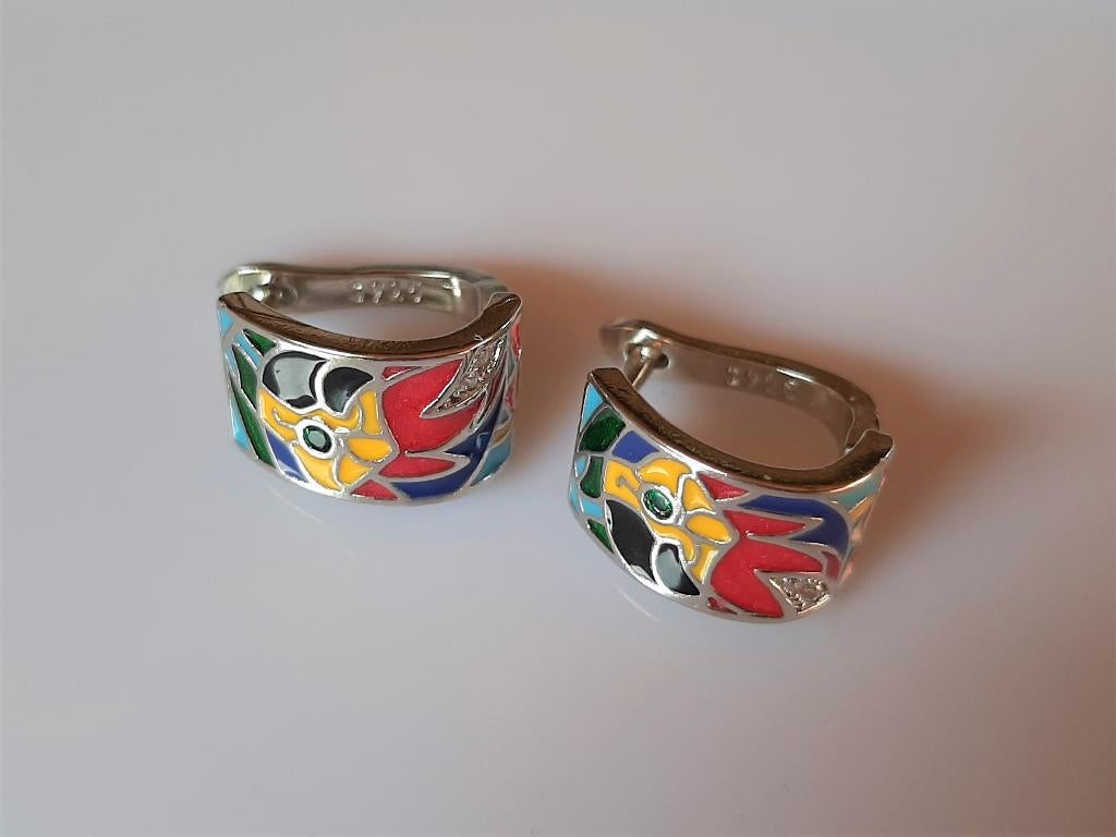 Oorbellen Parrot emaille met kristal creool 925 zilver, Hangers, Nieuw, Rood, Zilver