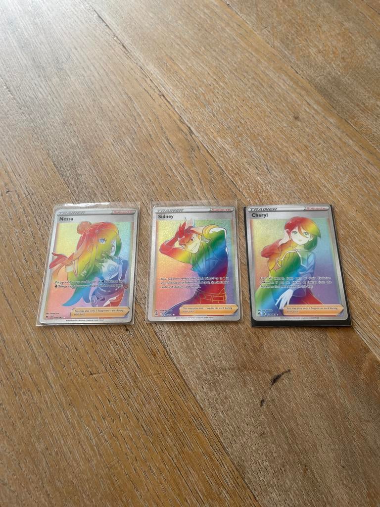 Nessa Sidney Cheryl Full Art Rainbow Trainer Pokémon Kaarten, Ophalen of Verzenden, Zo goed als nieuw, Meerdere kaarten, Foil