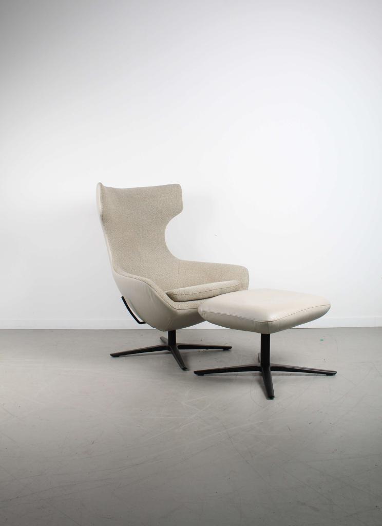 1xLeolux Caruzzo PLUS Fauteuil+Hocker Grijs Gemeleerd  Zwart, Niet ingevuld, Stof, Niet ingevuld, 75 tot 100 cm