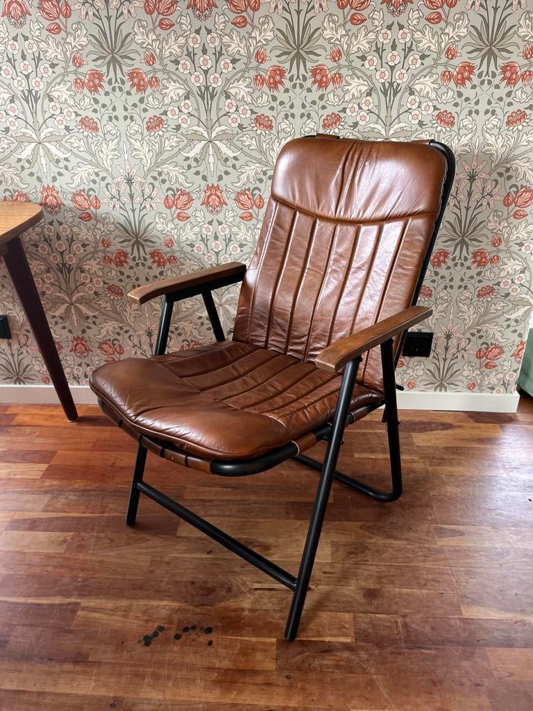 Leren inklapbare stoel - Cognac, Huis en Inrichting, Stoelen, Ophalen, Bruin, Leer, Zo goed als nieuw