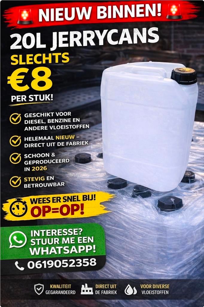 Jerrycan 20 liter - Nieuw en stevig UN keur grote aantal, Ophalen of Verzenden, Nieuw