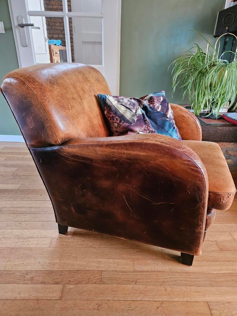 Vintage Cognac Leren Fauteuil - Uitgeleefde Look, Ophalen, Gebruikt, Vintage, Industrieel, Klassiek, 75 tot 100 cm