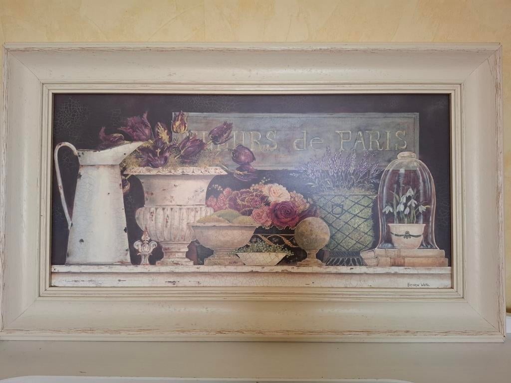 Schilderij met bloemen en 'Fleurs de Paris' Kathryn White, Huis en Inrichting, Woonaccessoires | Schilderijen, Tekeningen en Foto's