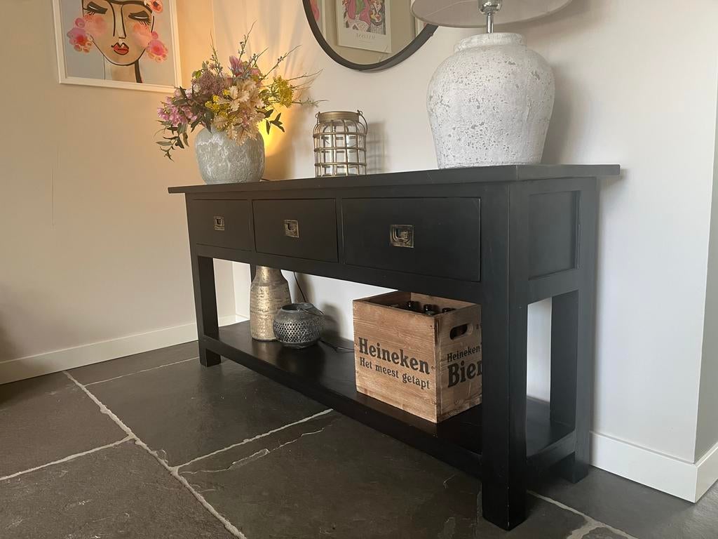 Zwart gelakte Teak Houten Sidetable met Lades, Ophalen, Teakhout, Zo goed als nieuw, 150 tot 200 cm