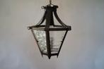 Oude lantaarn hanglamp reliëf glas metaal frame messing, Glas, Gebruikt, Ophalen of Verzenden, Vintage antiek
